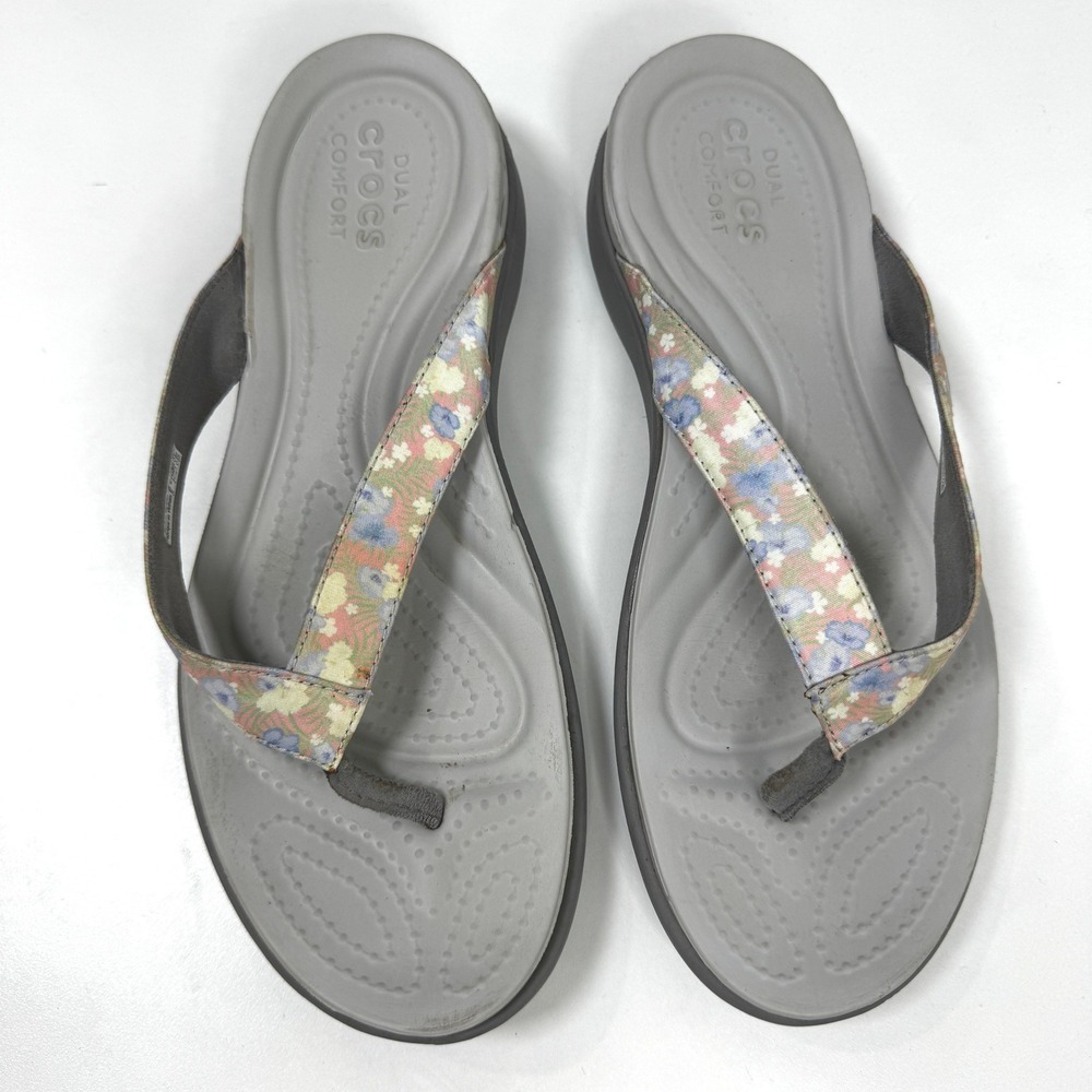 Crocs Capri V Floral Flip Flops Grey Multi Color Straps Sandals Womens 9 - Picture 4 of 7